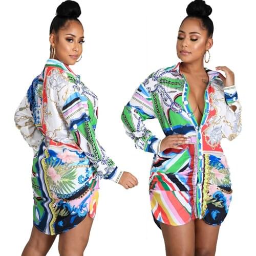Women Casual Fashion Multicolor Printing Shirt Dress Turn-Down Collar Long Sleeve Button Party Dresses Autumn Female Blouse Tops
