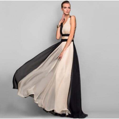 Elegant Evening Dresses Sleeveless Patchwork Open Back A Ruched Bust Cap Sleeve Long Chiffon Robe De Soiree Sexy V-Neck Vestido
