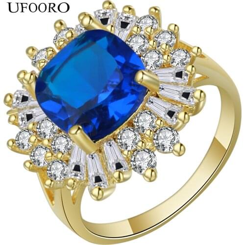 Blue Big Gems Wedding Ring Exaggerated Flower Finger Rings Women CZ Jewelry Gold-color Party Fashion Jewelry Gifts