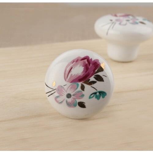 10pcs 32mm European ceramic Flower printed wardrobe drawer knobs single hole furniture cabinet knobs & handles Dresser Pull