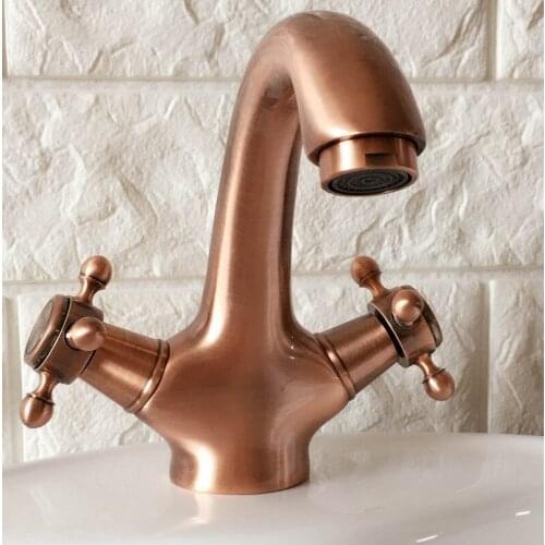 Antique Red Copper Brass Dual Cross Handles Bathroom Single hole Deck Mounted Faucet Vessel Sink Basin Mixer Tap anf390