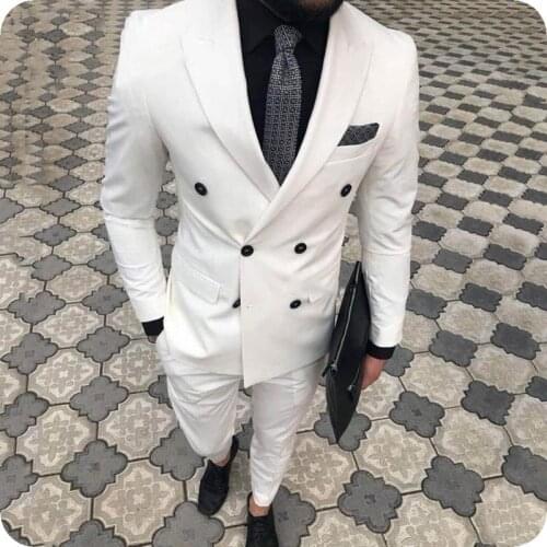 White Men Suits Wedding Tuxedos Groom Wear Slim Fit Terno 2 Pieces (Jacket+Pants) Double Breasted Prom Blazer Costume Homme