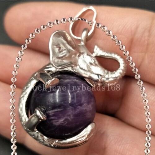 Free Shipping Women Fashion Jewelry Natural Purple Crystal Ball Elephant Art Necklace With Chain 1pcs C5547n