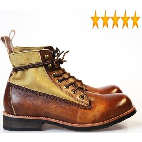 Genuine Lace Up Handmade Retro Cow Leather Work Canvas Patchwork Motorcycle Ankle Boots High Top Safety Army Shoes Men