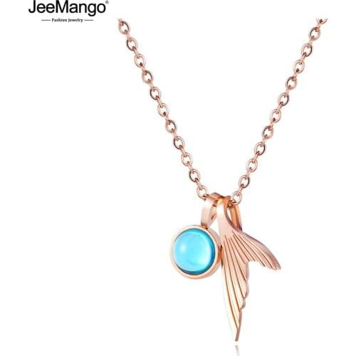 JeeMango Stainless Steel Fashion Blue Crystal Fishtail Pendant Necklaces Rose Gold Charm Choker Necklace For Women Girl JN17089