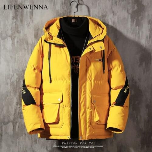LIFENWENNA 2019 Winter Jacket Men Casual Thick Warm Mens Harajuku Mens Parkas Coats Hooded Print Black White Male Windbreaker