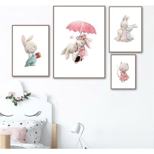Baby Rabbit Wall Art Print Poster Nursery Canvas Painting Cat Bunny Posters And Prints Nordic Wall Pictures For Kids Room Decor