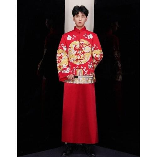 New Vintage groom Tang Suit embroidered dragon male Robe Oriental bridegroom gown Robe traditional Chinese wedding costume sets