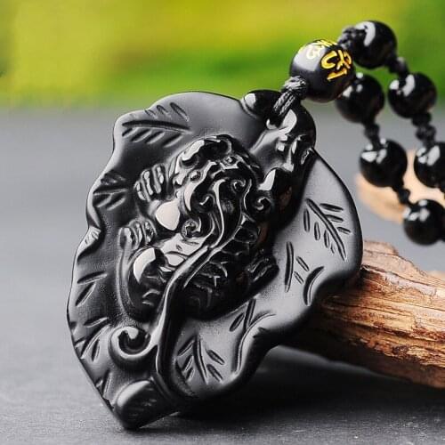Natural Obsidian Handmade Carved Bamboo Leaf Pendant Fashion Fine Jewelry Mens and Womens Money Attracting Necklace