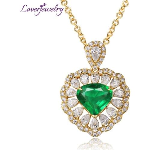 LOVERJEWELRY Pendant necklace Genuine Emerald Heart Cut Real 18Kt Yellow Gold SI G-h Diamonds Pendants For Women Valentines Day