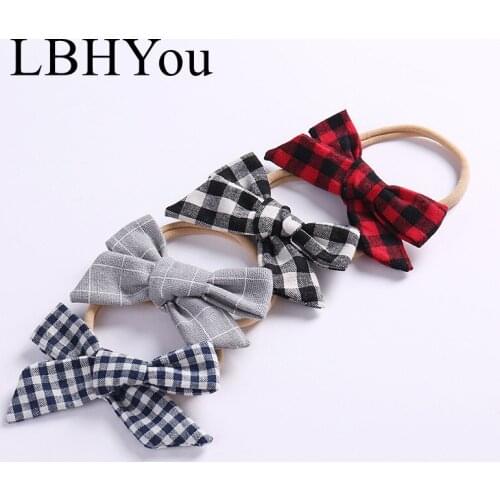 1pcs Plaid Bows Nylon Headbands For Girls,Newborn Kids Knotbow Nylon Hairbands,Fabric Cotton Elastic Hair Accessories For Child
