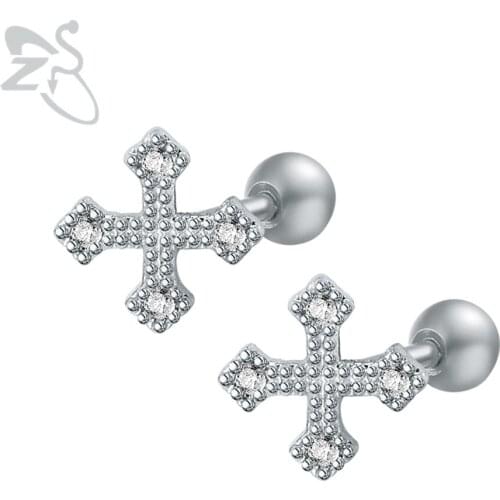 Cross Helix Earrings Small Cubic Zirconia Rhinestone Ear Studs Copper Cross Crystal Surgical Steel Studs Earrings Jesus Jewelry
