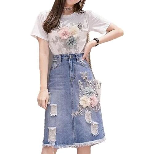 Summer New Fashion Beading Embroidery T-shirt Hole Tassel Denim Skirt Set Women Loose White Tee Short Jeans Skirt Suit Female