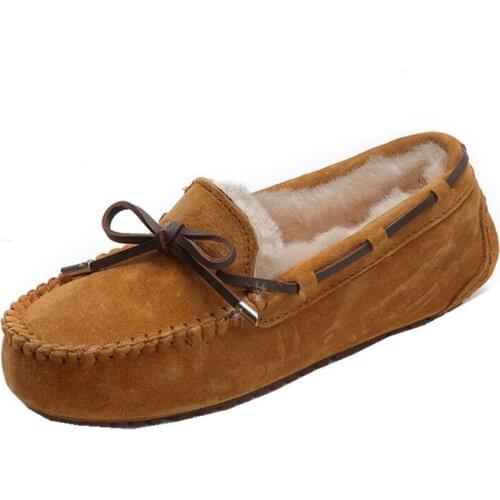 New Non-slip Rubber Soles Ankle Shoes for Women Natural Fur Flats Shoes Thick Wool Genuine Cowhide Leather Warm Snow Shoes