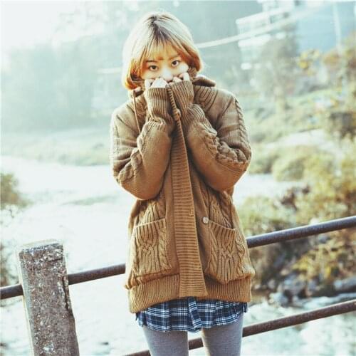 Ladies Fall Twist Thick Blend Hooded Single Breasted Pockets Knitting Sweaters Women Autumn Winter Cardigan Knitted Knitwear