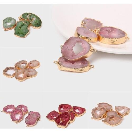 2PCS Muticolor Natural Druzy Quartz Crystal Geode Pendant Charm Irregular Shape Agat Raw Stone Connector For Jewelry Making DIY
