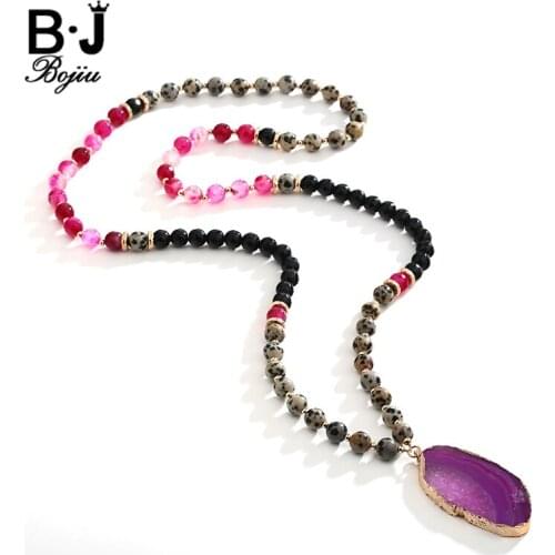BOJIU Bohemia Pendant Long Necklace For Women Fashion Natural Stone Woman Resin Mixed Stone Beads Elastic Long Necklace NKS049