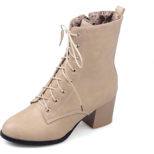 Big Size 11 12 13 14 Medium heel lace-up ladys ankle boot Martin boot Little round head Side zipper To keep warm