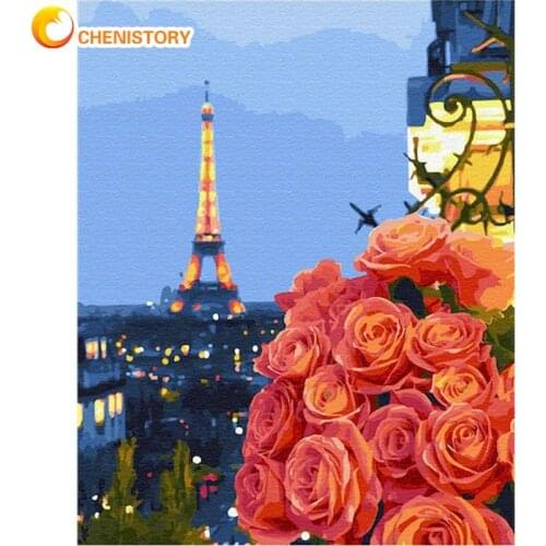 CHENISTORY Oil Painting By Numbers For Adults Paris Night Rose Landscape Picture By Number HandPainted Diy Framed 40x50cm Craft