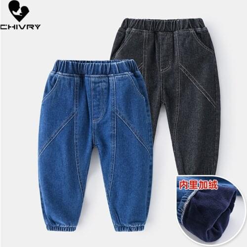 New 2020 Kids Autumn Winter Thickening Warm Jeans Trousers Pants Boys Solid Denim Pants with Pockets Children Jeans Long Pants