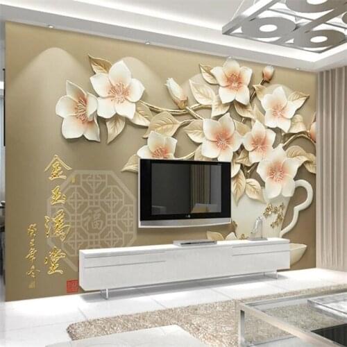 Beibehang Custom wallpaper 3d relief magnolia flower mural gold jade full hall 3d background wallpaper living room bedroom mural