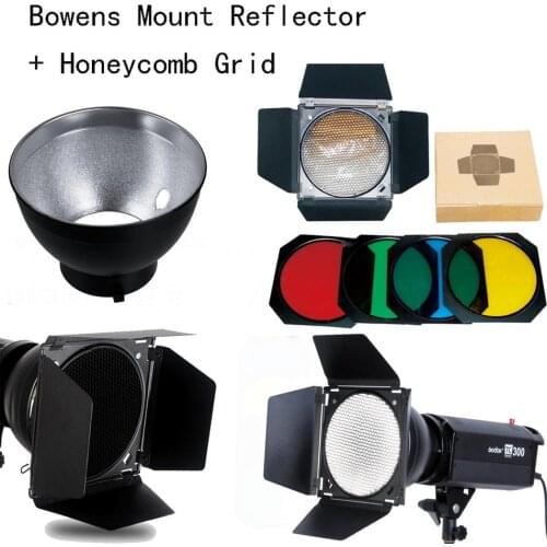 Godox Bowens Mount Reflector for Studio Flash + BD-04 Barn Door Honeycomb Grid + 4 color Filter
