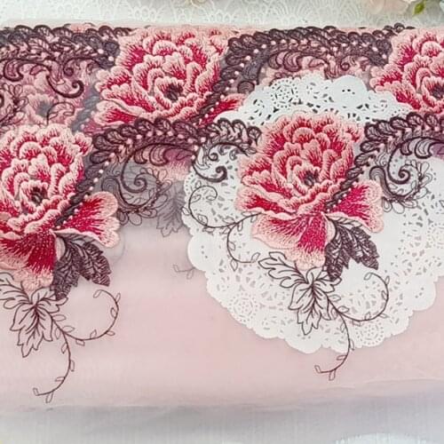 2Yards/lot Pink Embroidered Floral Tulle Lace Trim ,Mesh Embroidery Lace Trim