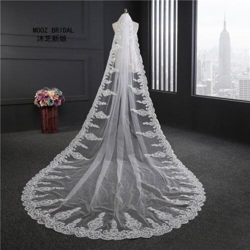 Lace Bridal Veils Luxury Hand Made Crystals Rhinestones Sequins Lace Edge Real Image 3.5 m Length Long Wedding Veil 2017