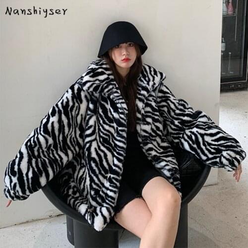 New Autumn Winter Korean Thicken Zebra Pattern Drawstring Women Faux Rabbit Fur Jacket Women Casual Loose Short Outerwear Female