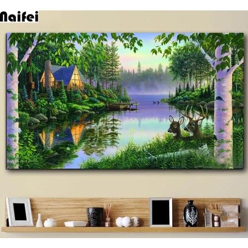 Forest Green Trees full square/round drill large cottage by river 5d diy diamond painting natural scenery mosaic embroidery kit