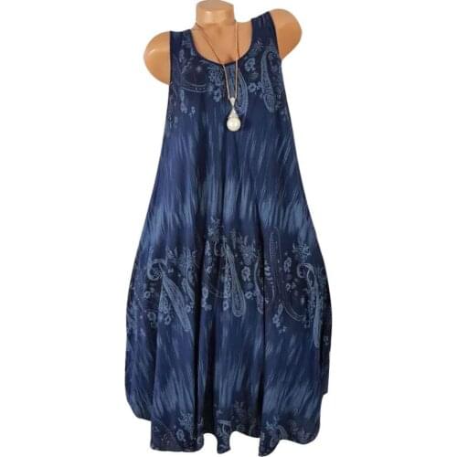 Dropshipping Plus Size Women Summer Flower Print Sleeveless Round Neck Loose Shift Dress