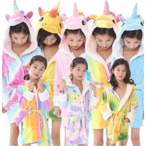 Hot Sell Autumn Winter Kids Flannel Unicorn Hooded Bathrobe Childrens Long Sleeve Bath Robe Animal Sleepwear Girls Boy Pajama