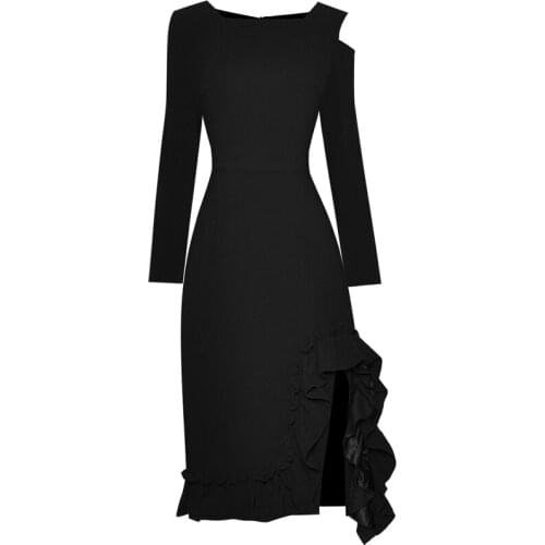 Runway Designer High Quality 2020 New WomenS Fashion Party Casual Chic Gentlewoman Elegant Asymmetric Black Dresses Knee Length