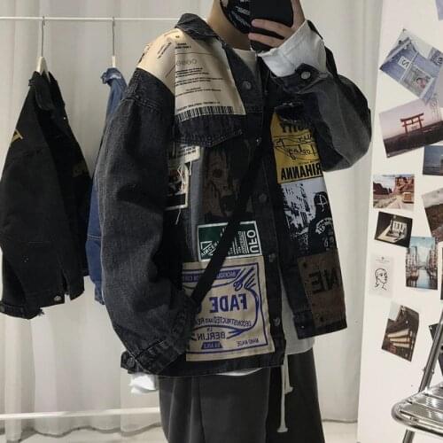 2021 Autumn Hip Hop Men Vintage Outwears Graphic Printed Mens Denim Jackets Japanese Man Casual Oversized Coats