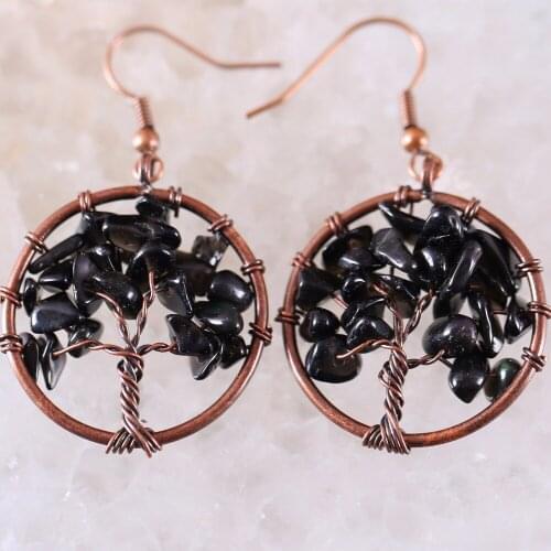 Natural Stone Black Onyx Handmade Jewelry For Women Tree of Life Dangle Earrings 1Pair