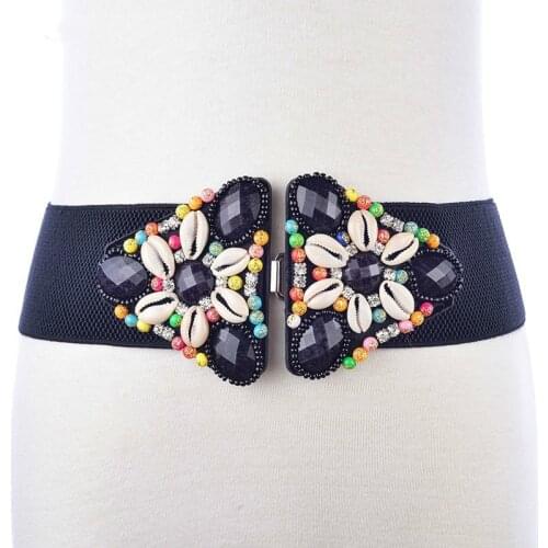 2018 New Women Ladies Elastic Belt Rhinestone Shell Leather Black Stretchy Wide Waistband Fashion Girls Elastic Waist Belt