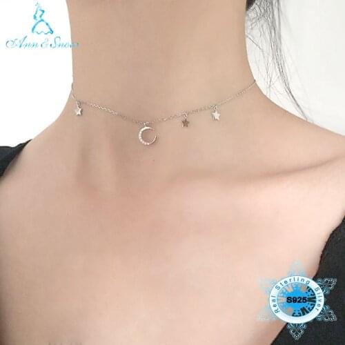 NEW Silver 925 Jewelry 925 Sterling Silver Real Women Choker Fine Moon Stars Charms Austria Crystal Zirconic Necklace