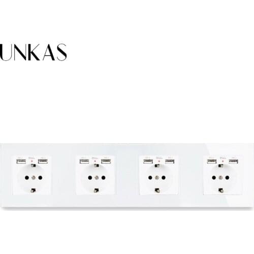 UNKAS EU Standard Plug Socket Electrical Outlet Dual USB Charging Port Crystal Glass Home Wall Power Socket 4 Gang Socket