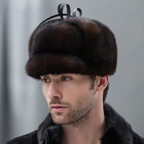 2020 Real Whole Men Mink Fur Hat Russian-Style Winter Men Warm Fur hat Luxury Super Warm Ear Bomber Fur Genuine Mink Cap MZ-01