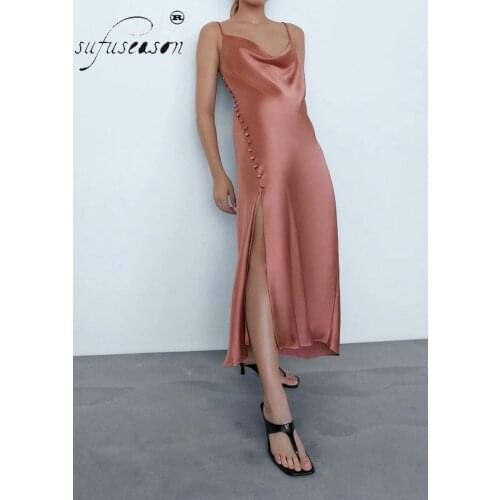 SuFuSeason Women Satin Slip Dresses Party Dress 2021 BacklessSpaghetti Strap Sexy Dress Ladies Club Night Party Dress Femme Robe