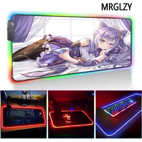 MRGLZY LED Light RGB Gamer Genshin Impact Large Mouse Pad Anime Sexy Girl Keqing DeskMat Gaming Accessories for Laptop Keyboard