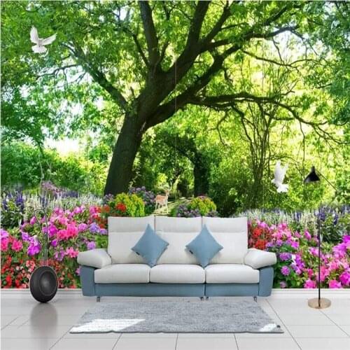 Fresh green shade flowers big tree pigeon deer landscape wall professional production wallpaper mural custom home wall