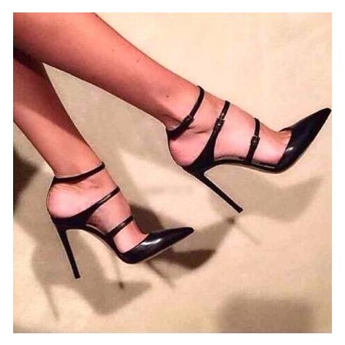 Classical Thin Buckles Ladies Slingback High Heels Black Smooth Leather Gladiator Dress Shoes Sexy Pointed Toe Woman Pumps