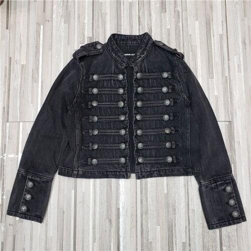 Retro Military Style Handsome Stand Collar Denim Jackets Female 2020 Autumn New Double-breasted Slim Short Black Outerwear Z496