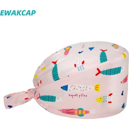 Women Cartoon Scrub Hat Surgicals Cap with Sweatband Adjustable Super Fish Hero Printed Pet Lab Dentist Nurse Clinic Scrubs Caps