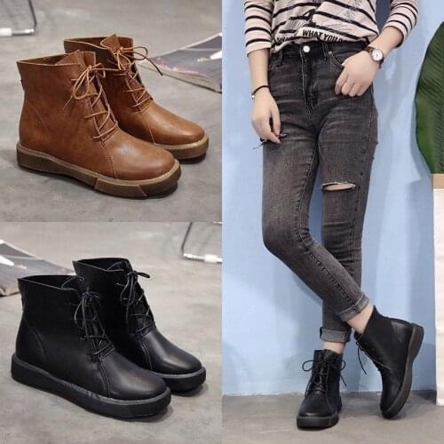 New Vintage Style PU Leather Women Flats Short Boots Flat Booties Soft Lining Womens Shoes Black Ankle Boots Zapatos Mujer