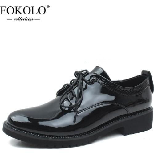 FOKOLO Casual Shoes Women Patent Leather Round Toe Lace-Up Flats 2020 Spring and Autumn Genuine Leather Ladies Shoes Handmade P9