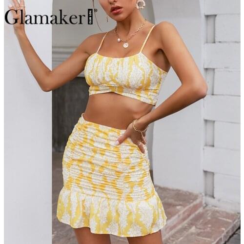 Glamaker Sexy backless bandage 2 piece set Women crop top and ruffles skirts fashion suits Spring summer party club elegant suit
