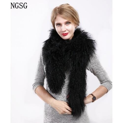 160cm real mongolian fur scarf women winter fashion solid black gray genuine wool woolen fur collar female