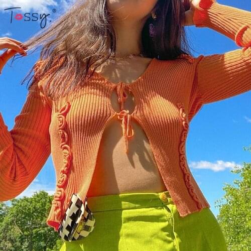 Tossy Ribbed Knit Tank Top Womens Summer Casual Long Sleeve Crop Top Cardigan Orange Ruffled T-Shirt Streetwear Knitwears 2021